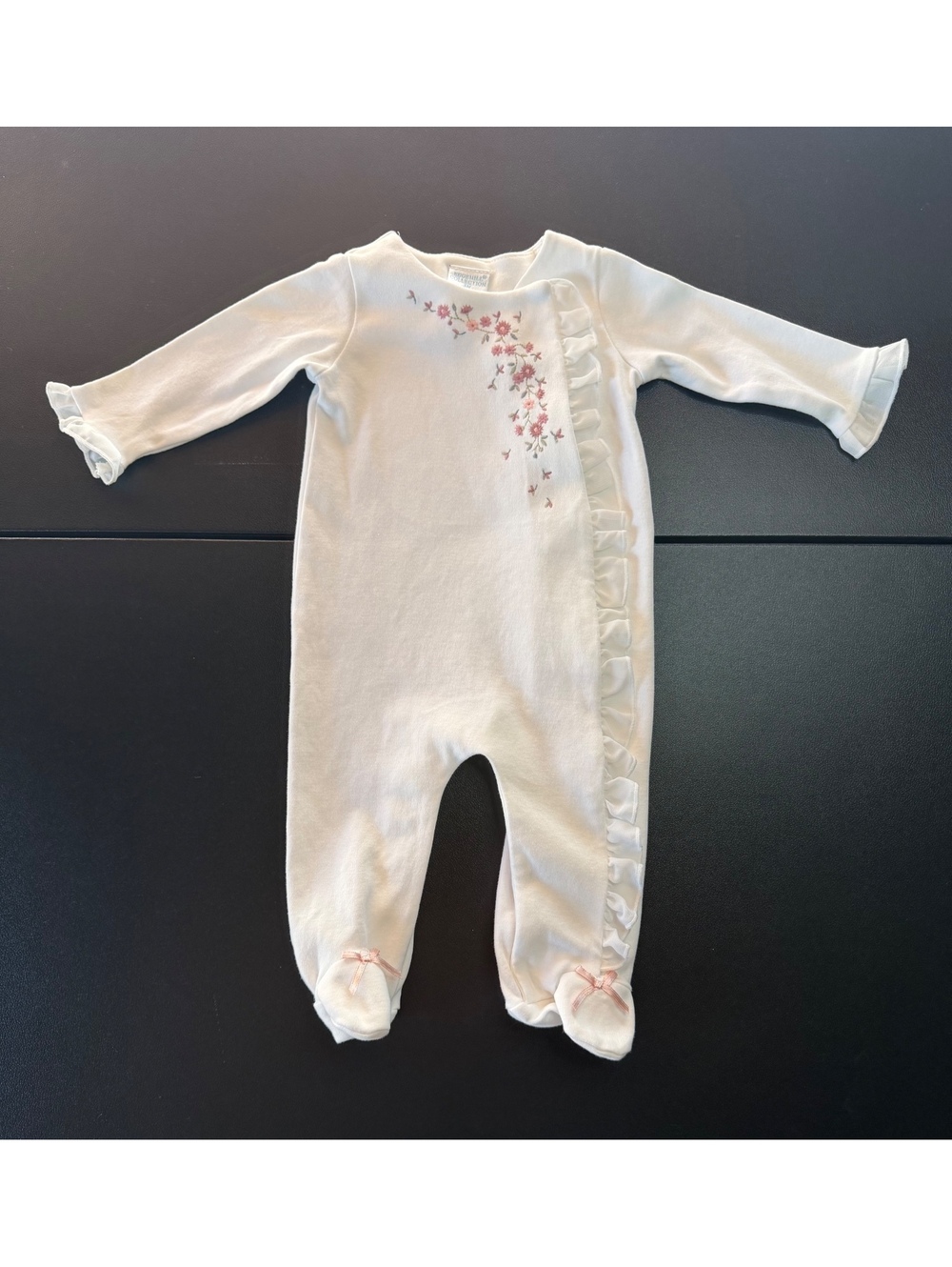 Edgehill Collection Baby Girl 3M White Floral Embroidered Ruffle Footed Sleeper